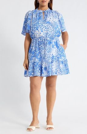 Sugarlips Floral Print Flutter Sleeve Dress in White Blue at Nordstrom, Size 1X