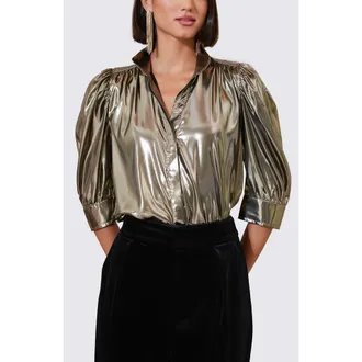 Bishop + Young Cate Ruched Sleeve Top in Liquid Metallic at Nordstrom, Size X-Small