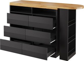 Urban Meuble Mesa de bar extensible negra efecto madera con 6 cajones y ruedas