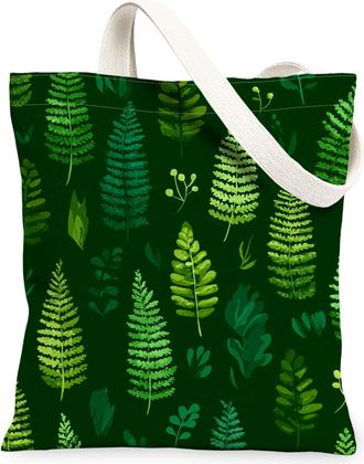 Generic Green Fern Canvas Tote Bags, Botanical Leaves Pattern Reusable Grocery Bags, Eco-Friendly Lightweight Washable Shoulder Str, Green, 13x15 Inch
