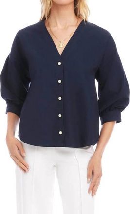 Karen Kane Lantern Sleeve Pearl Button Top In Navy