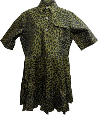 Ganni Ganni Pleated Leopard Jacquard Mini Dress in Olive Polyester