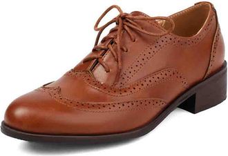 Generic Womens Multicolor Oxford Brogue Shoes Retro Wingtip Lace-Up Design with Chunky Low Heel PU Leather Round Toe Classic British Style Everyday Oxfords,Br