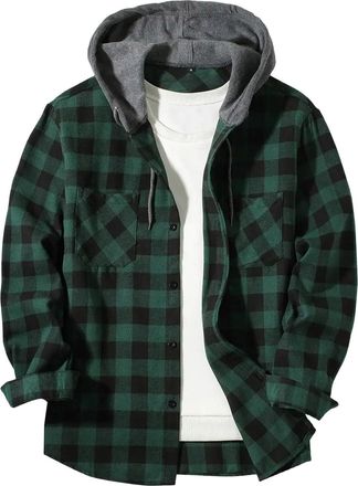 Generic Mens Shirts Long Sleeve Smart Casual Mens Button Plaid Hooded Shirt with Double Pockets and Drawstring Casual Comfy Hoodie for Men Checked Jacket Flan