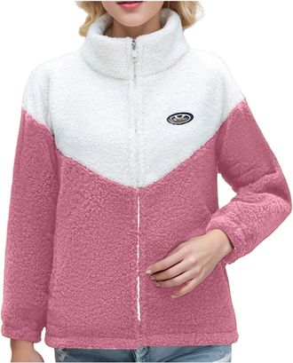 Generic Teddy Bear Jackets Womens Zip Up Sherpa Fluffy Fleece Jacket Stand Collar Winter Warm Soft Fuzzy Sweatshirt Hooded Jumper Cardigan Ladies Color Block 