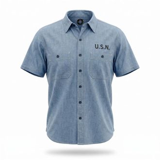 CHESAPEAKE'S Short Sleeve Chambray Shirt MC Buzz - Heren - Korte mouwen Overhemden - Blauw - 3XL - Katoen - Overhemden