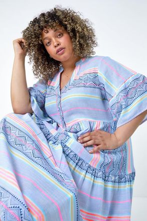 Roman Stripe Print Boho Tiered Dress