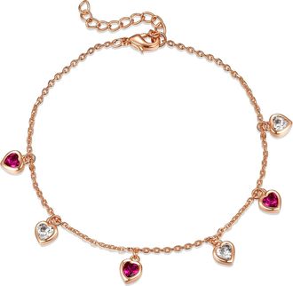 Rachel Glauber Ra 18k Rose Gold Plated With Ruby & Diamond Cubic Zirconia Heart Dangle Charm Adjustable Bracelet