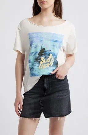 Daydreamer Surf Mania Off the Shoulder Graphic Tee in Vintage White at Nordstrom, Size X-Small
