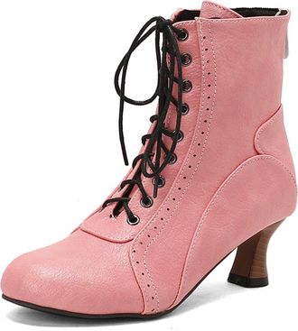 Generic Womens Victorian Style Ankle Boots Chunky Low Mid Heel Round Toe Lace-Up Front Faux Leather Short Booties for Cocktail Party Bridal Reception,Pink,4.5
