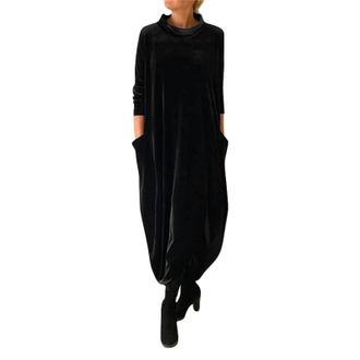 Generic Velvet Maxi Dresses for Women UK Solid Color Long Sleeve Party Dress Elegant Round Neck Cocktail Dresses Ladies Loose Long Dresses Tunic Dress Plus Si