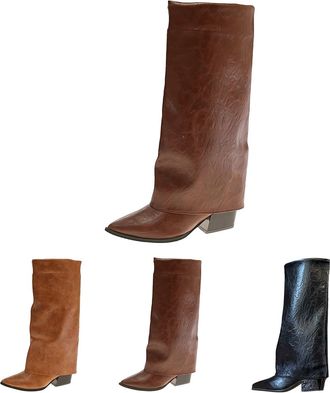 Generic Mid Calf Boots for Womens Fold Over Pointed Toe Boots Ladies Chunky Heel Pull-On Shoes Winter Waterproof Slip Resistant Rouched Shoes for Dates, Parti