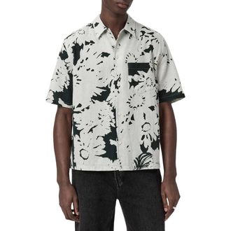 AllSaints Giron Floral Linen & Cotton Short Sleeve Button-Up Shirt in Sharp White at Nordstrom, Size Xx-Large
