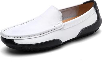 Generic Mens Shoes Mens Loafers Genuine Leather Round Toe Stitching Details Flexible Anti-Slip Flat Heel Lightweight Driving Slip-on(White Black,8.5 UK)