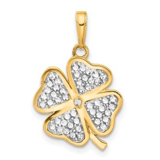 Diamond2Deal 14k Yellow Gold and White Rhodium and Diamond-cut 4-Leaf Clover Pendant