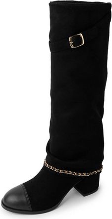 Generic Womens Pull on Casual Boots with Chain Round Toe Knee High Boots Block High Heel Long Boot with Buckle,Black,3.5 UK