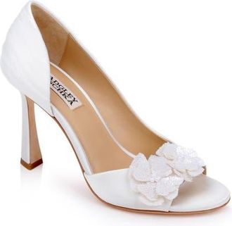 Badgley Mischka Yana Sequin Flower Sandal in White Satin at Nordstrom, Size 7.5