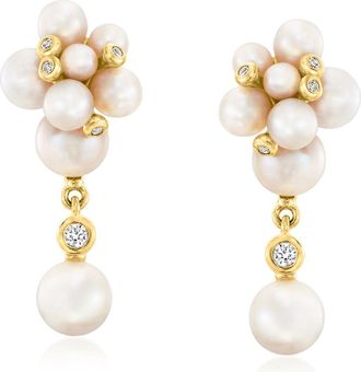 Ross-Simons 2.5-6mm Cultured Pearl and. Lab-Grown Diamond Drop Earrings in 18kt Gold Over Sterling