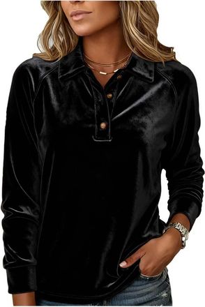 Generic Womens Velvet Tops Elegant Button Down Shirts Puff Lapel Long Sleeve Tops Comfy Soft Tunic Tops Ladies Dressy Going Out Blouse Casual Longline Vintage
