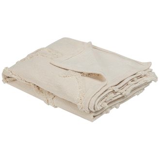 Beliani Manta De Algod&oacute;n Beige Claro 130 X 160 Cm De Punto Patr&oacute;n Floral Relieve Boho Sala De Estar Dormitorio Acacia
