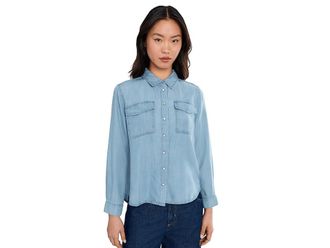 Liverpool L.A. Petite Long Sleeve Denim Shirt With Pockets Womens Clothing Malibu Light : PXL, Denim/Lyocell