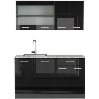 Vicco Cucina monoblocco R-Line, Nero lucido/antracite, 140 cm, pl Marmo