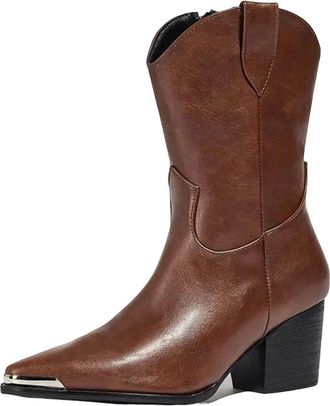 Generic Womens Luxury Mid Calf Boots Vintage Style Pointed Toe High Block Heel With Side Zipper For Daily Leisure Wear