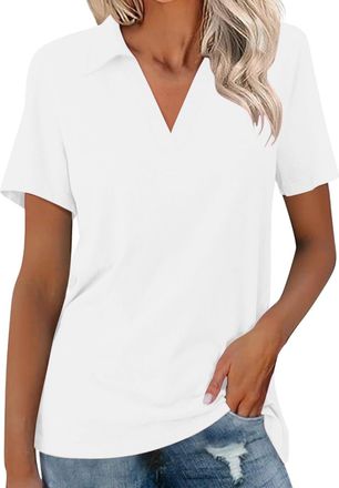 Generic Summer Tops for Women V Neck Short Sleeve Collared Ladies Polo T Shirts Casual Loose Plain Tee(White, M) Damen unterhemden