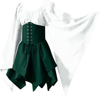 Generic Womens Halloween Costume Womens Gothic Patchwork Corset Dress Ladies Medieval Renaissance Long Sleeved Ruffled Steampunk Goth Cosplay Skirt Elegant Bo