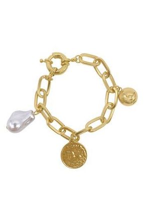 Adornia 14K Gold Plate Imitation Pearl & Coin Chain Bracelet at Nordstrom Rack