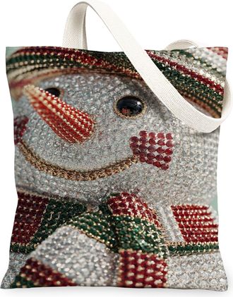 Generic Snow Man Canvas Tote Bags, Winter Holiday Design Reusable Grocery Bags, Vintage Lightweight Washable Shoulder Strap Canvas, White, 13x15 Inch