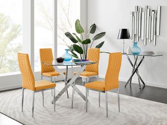 Furniturebox Novara Clear Tempered Glass 100cm Round Dining Table with Chrome Starburst Legs & 4 Milan Faux Leather Chairs in Mustard