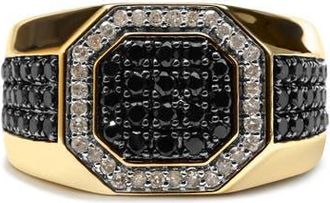 House of Brilliance Mens 10K Yellow Gold 1 1/4 Cttw White and Treated Black Diamond Octagonal Halo Band Ring at Nordstrom
