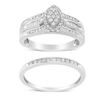 House of Brilliance 925 Sterling Silver 1/2 Cttw Round and Baguette-Cut Diamond Engagement Bridal Set