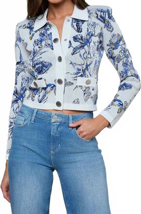 L'agence Osiris Cardigan In Grey Multi Watercolor Butterfly Jacquard