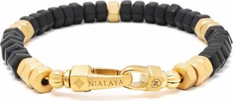 Nialaya Hexagon Onyx Beaded Gold Bracelet in Black Onyx /Gold at Nordstrom, Size X-Large