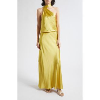 Staud Estelle Crepe Back Satin Asymmetric Halter Neck Dress in Citron at Nordstrom, Size 14