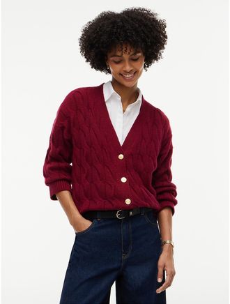 Tommy Hilfiger Womens TH Soft Touch Cable Knit Cardigan - Plum Glaze - XXL