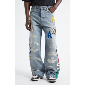 Amiri Varsity Patch Distressed Jeans in Antique Indigo at Nordstrom, Size 29
