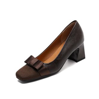 Generic Womens Suede PU Leather Square Toe Pumps Bow Decoration Chunky Block Heel Slip-On Design Soft Lining Reinforced Stitching Non-Slip Sole Stylish Shoes,