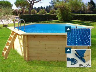 Habitat et Jardin Piscina De Madera hawai - 4,10 X 1,20 M + Cubierta Con Burbujas 180 + Cubierta De Invierno 280 Gr/m&sup2;