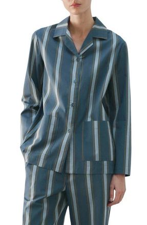 Mango Stripe Cotton Button-Up Pajama Shirt in Turquoise at Nordstrom, Size Medium