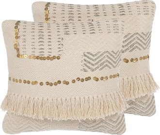 Beliani Beliani - Conjunto De Cojines Decorativos Beige 45 X 45 Cm Con Borlas Accesorio Vintage Boho Vayali