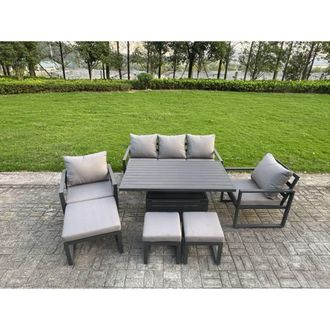 Fimous Aluminum 8-Seater Sofa Set with Lifting Table, 2 Chairs & 3 Footstools in Dark Grey