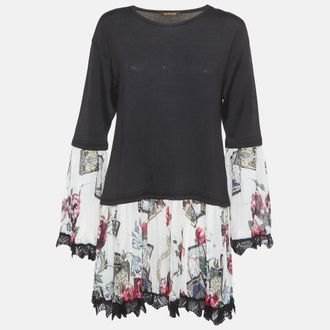 Roberto Cavalli Black Knit And Plisse Silk Mini Dress