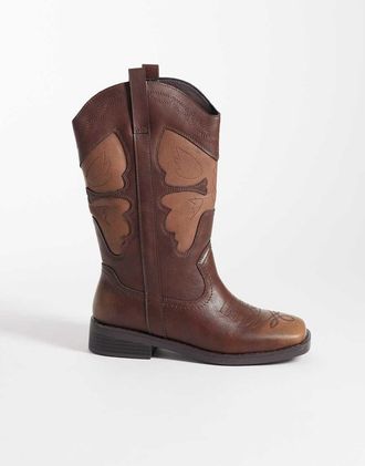 Glamorous Stivali al ginocchio stile western marroni con punta squadrata-Marrone