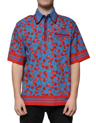Dolce & Gabbana Mens Cherry-Print Cotton Polo Blue
