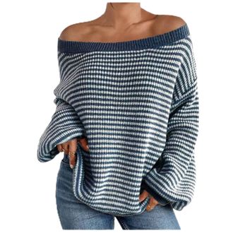 Generic Womens Jumpers Fashion Off The Shoulder Sweater Striped Off-The-Shoulder Pullover Sweatshirts Knit Top Casual Loose Long Sleeve Tops Cashmere Jumpers 