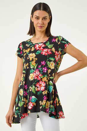 Roman Floral Print Hanky Hem Tunic Top