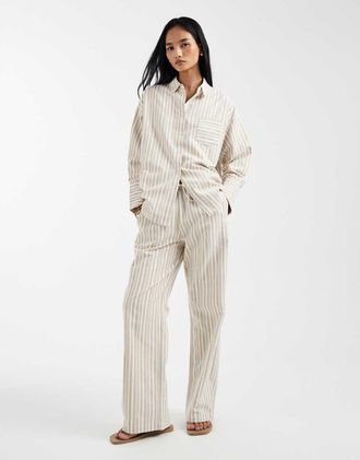 4th & Reckless Pantaloni da mare a fondo ampio leggeri misto cotone beige a righe in coordinato-Multicolore